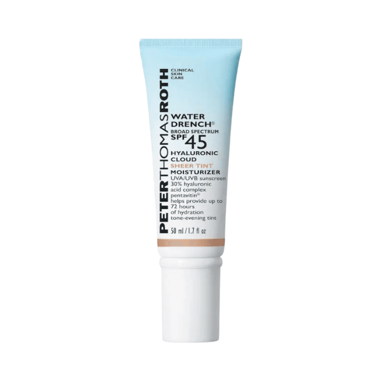 Water Drench Hyaluronic Cloud Sheer Tint Moisturizer SPF 45 by Peter Thomas Roth. Lightweight sunscreen with universal tint and skin-plumping hydration.