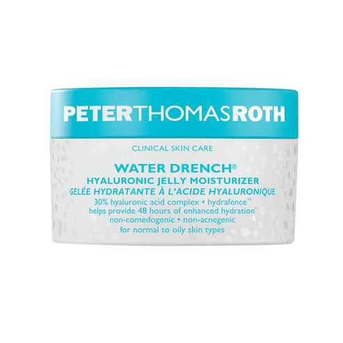 Peter Thomas Roth Water Drench Hyaluronic Jelly Moisturizer in a turquoise and white jar, offering matte hydration for normal to oily skin types.