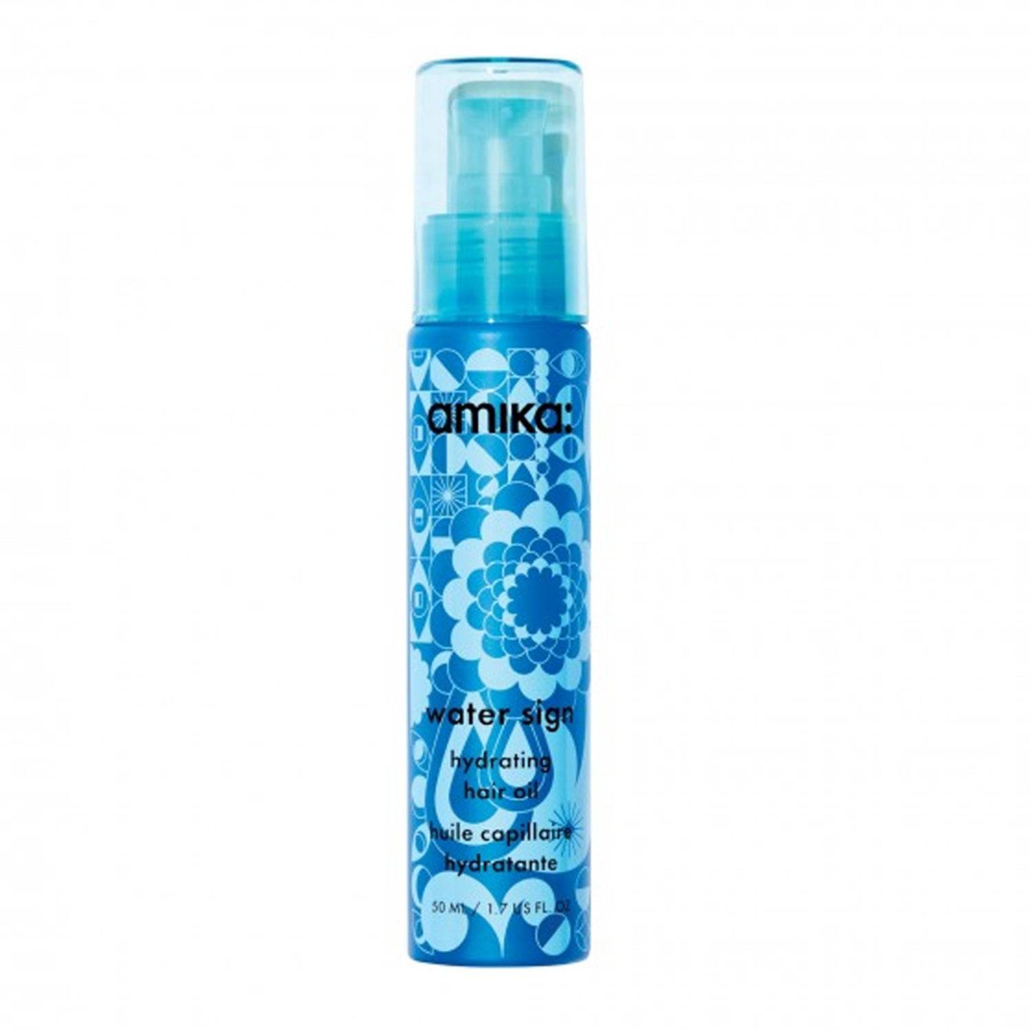 Amika Water Sign Hydrating Hair Oil in a 50ml blue pump bottle, ideal for shine and frizz control in dry hair care routines.
