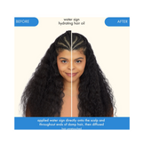 Before and after results of using Amika Water Sign Hydrating Hair Oil, showing reduced frizz and enhanced shine on textured hair.