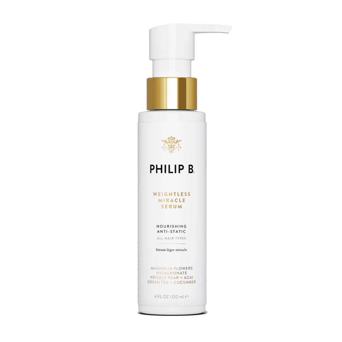 Philip B Botanical Weightless Miracle Serum Hair Treatment in 120 ml pump bottle, ideal for frizzy hair, available at eSkinStore.