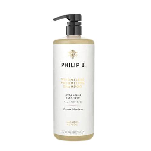 Philip B Botanical Weightless Volumizing Shampoo in 32 oz pump bottle for all hair types. Vegan, paraben-free formula adds volume and shine.