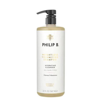 Philip B Botanical Weightless Volumizing Shampoo in 32 oz pump bottle for all hair types. Vegan, paraben-free formula adds volume and shine.