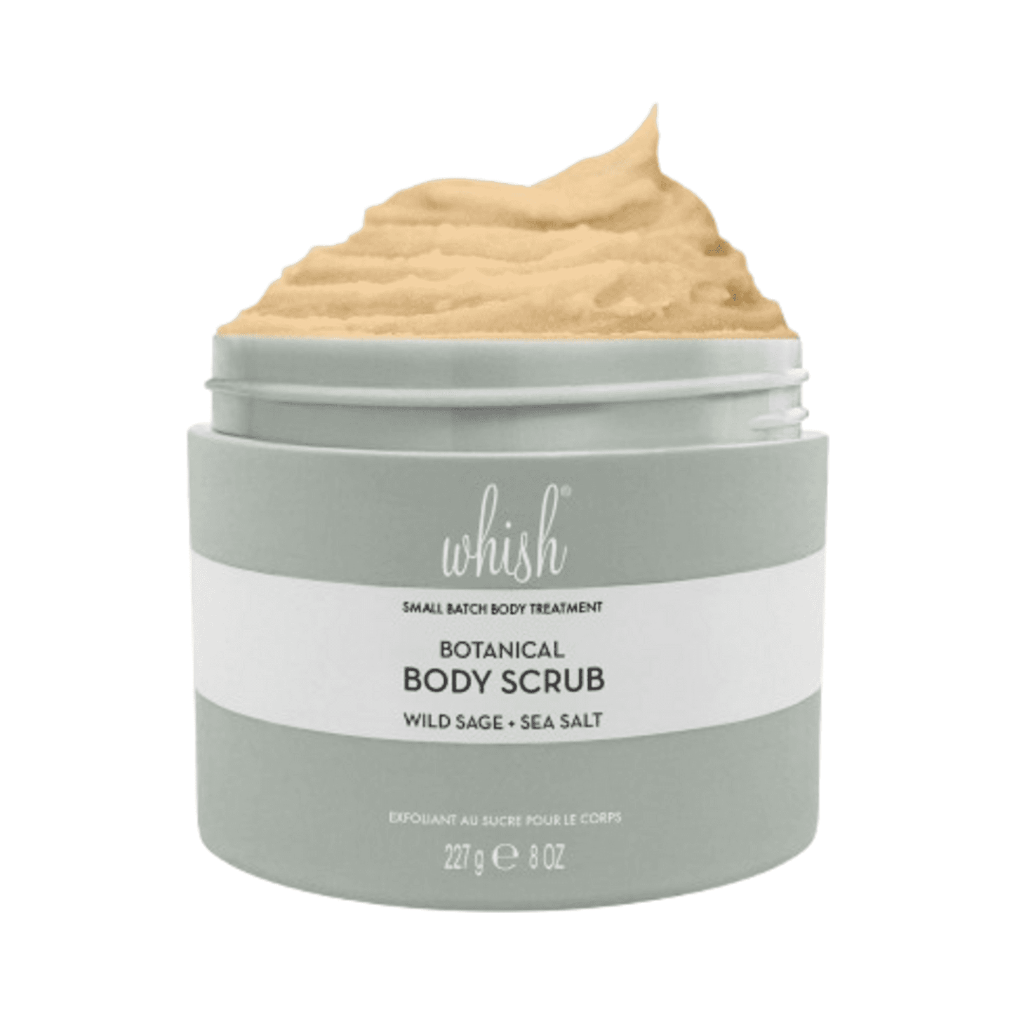 Open jar of Whish Wild Sage and Sea Salt Sugar Scrub showing whipped texture, perfect for smoothing and moisturizing skin in bath and shower use.