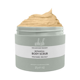 Whish Wild Sage and Sea Salt Sugar Scrub with lid off, revealing creamy exfoliating formula for hydrating and polishing skin in personal care.