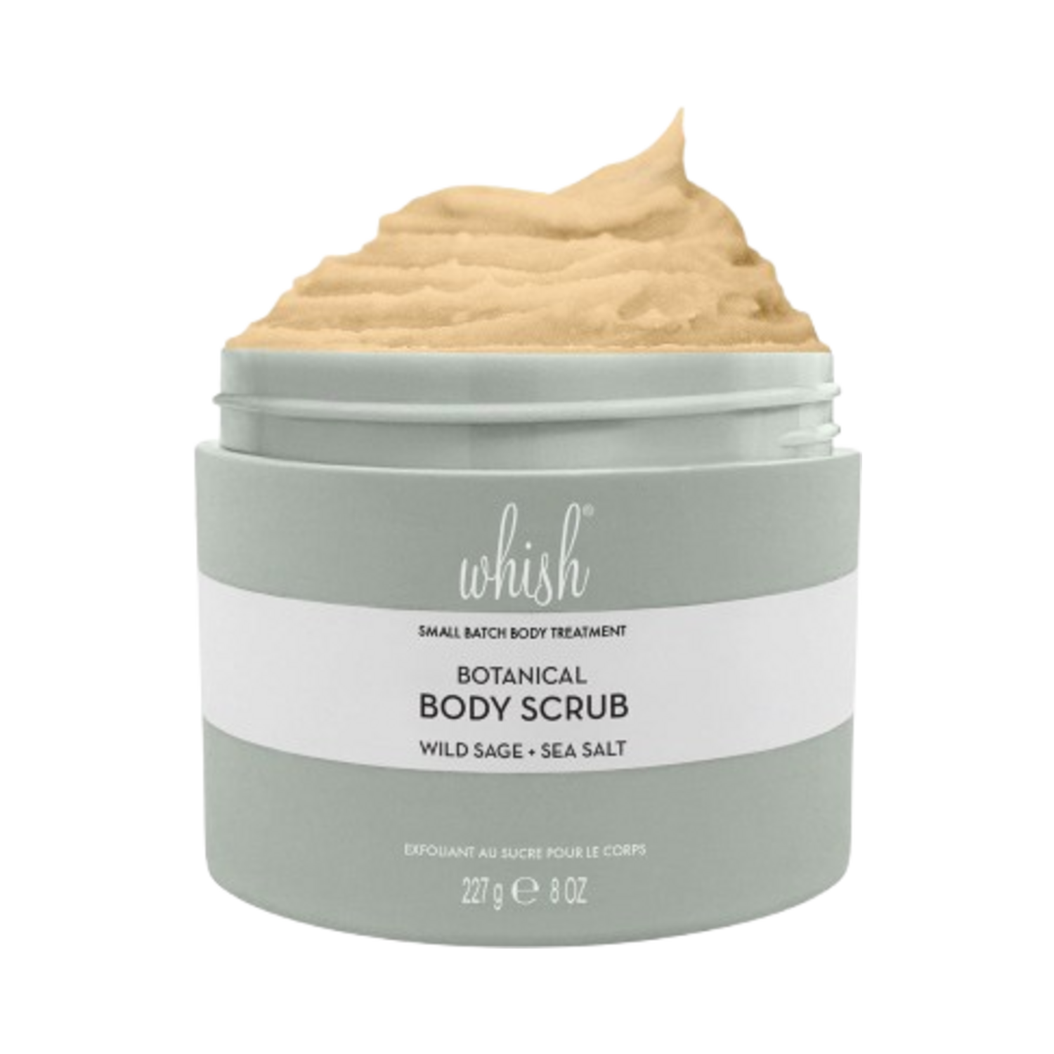 Whish Wild Sage and Sea Salt Sugar Scrub with lid off, revealing creamy exfoliating formula for hydrating and polishing skin in personal care.