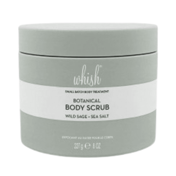 Whish Wild Sage and Sea Salt Sugar Scrub in 227g jar with minimalist green packaging, ideal for hydrating and exfoliating body care routines.