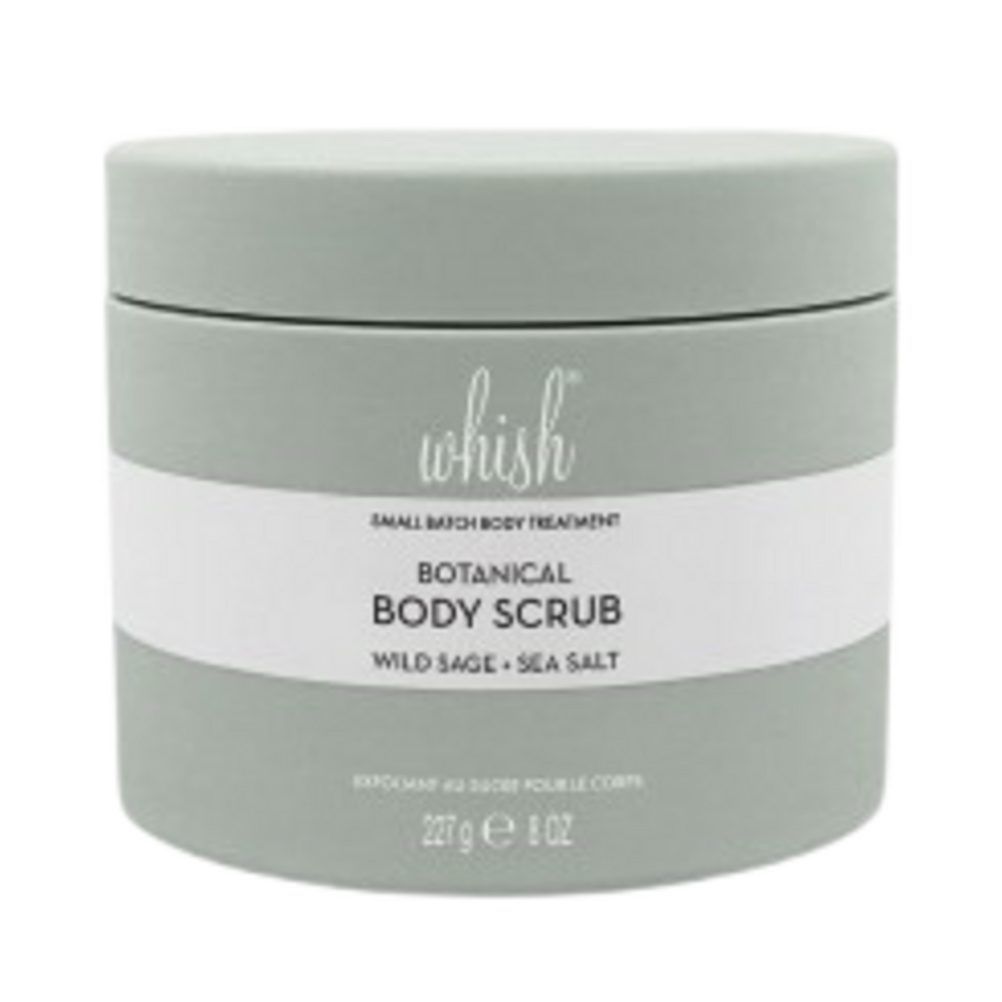 Sealed Whish Wild Sage and Sea Salt Sugar Scrub in sleek green container, a botanical exfoliant for soft, refreshed skin in body care regimen.