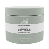 Sealed Whish Wild Sage and Sea Salt Sugar Scrub in sleek green container, a botanical exfoliant for soft, refreshed skin in body care regimen.