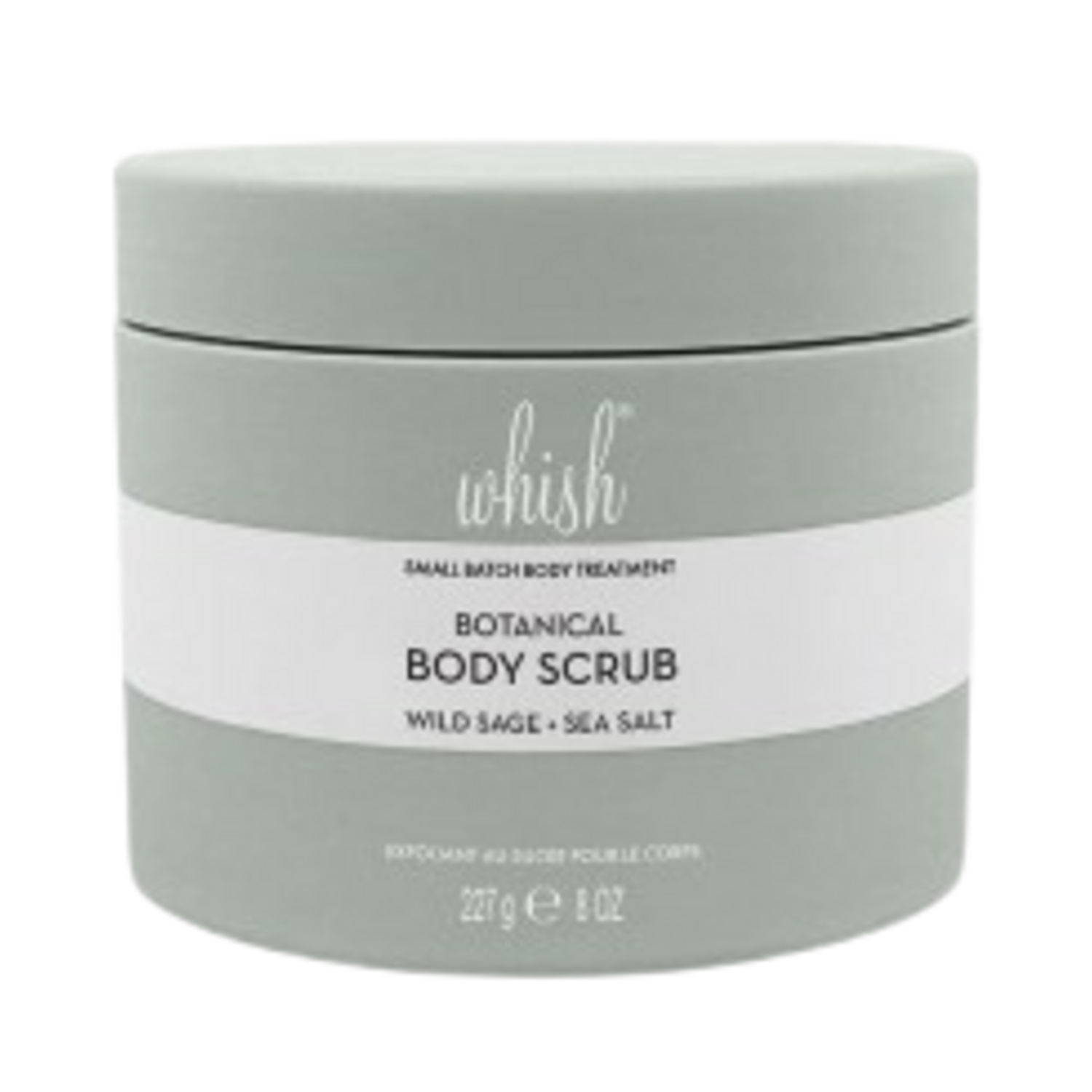 Sealed Whish Wild Sage and Sea Salt Sugar Scrub in sleek green container, a botanical exfoliant for soft, refreshed skin in body care regimen.