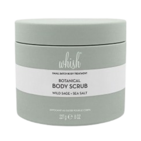 Sealed Whish Wild Sage and Sea Salt Sugar Scrub in sleek green container, a botanical exfoliant for soft, refreshed skin in body care regimen.