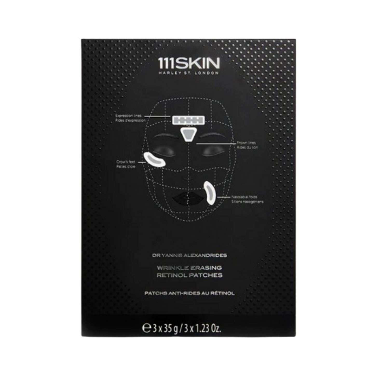 111SKIN Wrinkle Erasing Retinol Patches box packaging showing targeted areas for fine line treatment. Fine Lines Solution for face care.