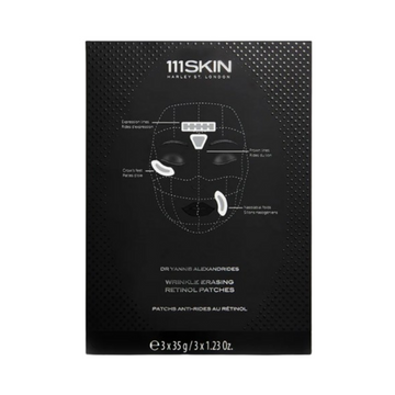 111SKIN Wrinkle Erasing Retinol Patches box packaging showing targeted areas for fine line treatment. Fine Lines Solution for face care.