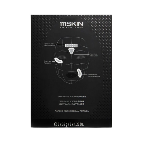 111SKIN Wrinkle Erasing Retinol Patches box packaging showing targeted areas for fine line treatment. Fine Lines Solution for face care.
