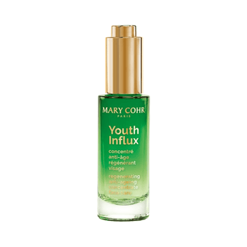 Mary Cohr Youth Influx face serum in a green and gold bottle designed to boost cell renewal and enhance youthful skin appearance.