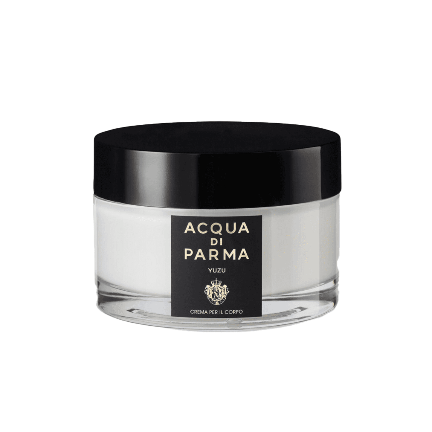 Acqua Di Parma Yuzu Cream in a sleek glass jar with black lid, offering luxe moisture and fresh yuzu notes for radiant, nourished skin.