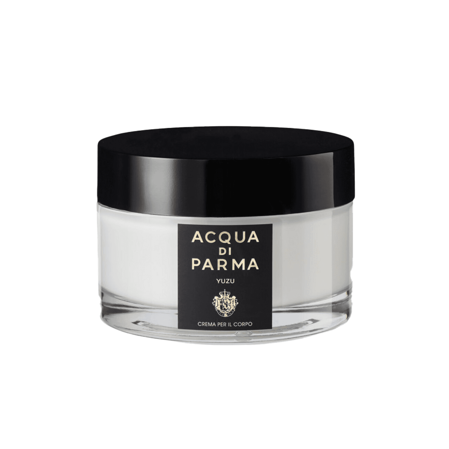 Acqua Di Parma Yuzu Cream in a sleek glass jar with black lid, offering luxe moisture and fresh yuzu notes for radiant, nourished skin.