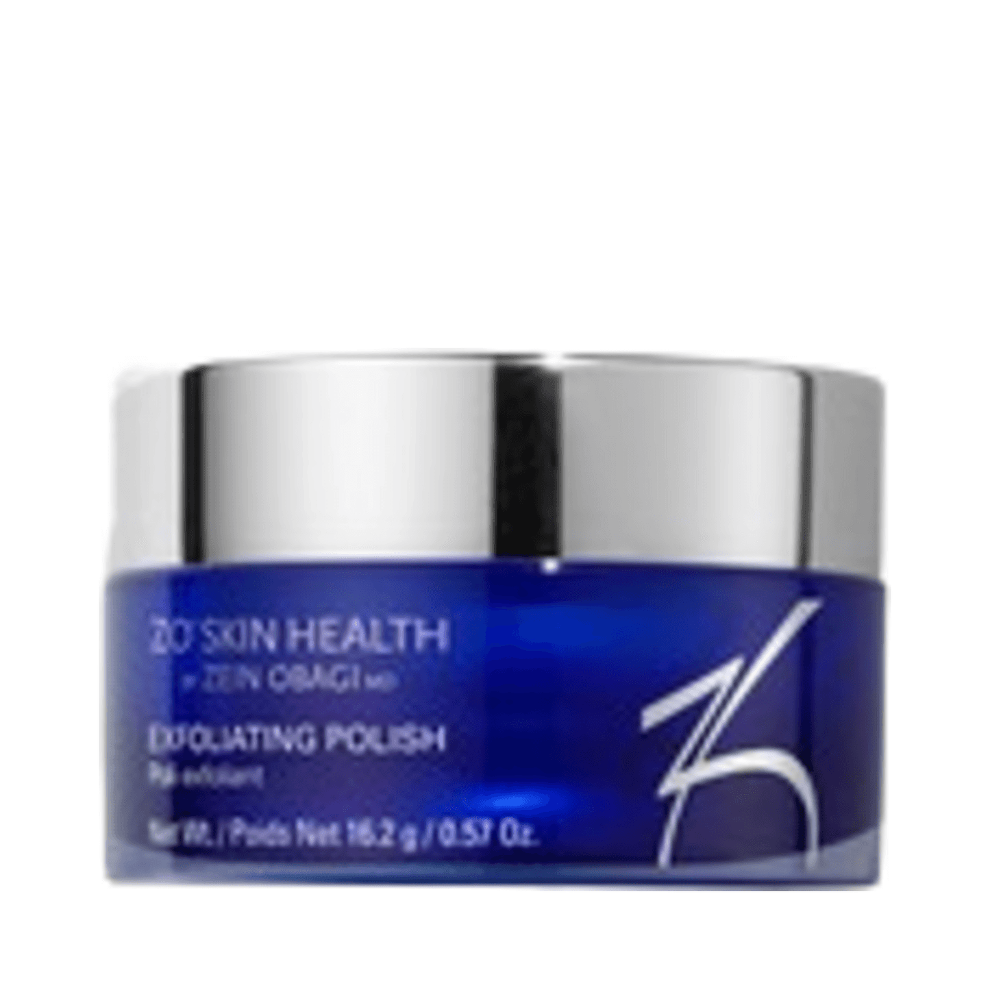 ZO Skin Health Exfolierande polsk hudexfoliator i blå burk med silverlock, idealisk för att jämna ut matt, ojämn hud i ansiktet och på halsen.