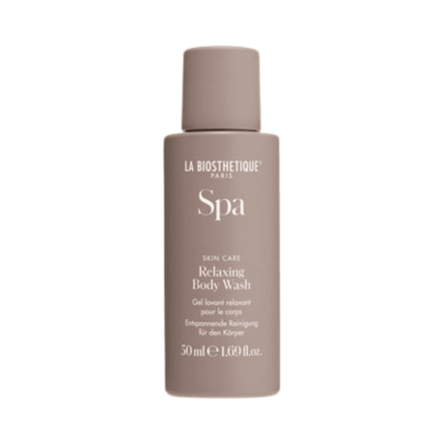 La Biosthetique Relaxing Body Wash 50ml presente grátis em frasco cinza, ideal para aliviar o estresse e uma experiência de banho tipo spa.