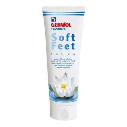 Gehwol Fusskraft Soft Feet Lotion tube med vannliljedesign, ideell for å berolige tørre føtter og ben. Kjøp Gehwol Soft Feet Lotion online hos eSkinCareStore.