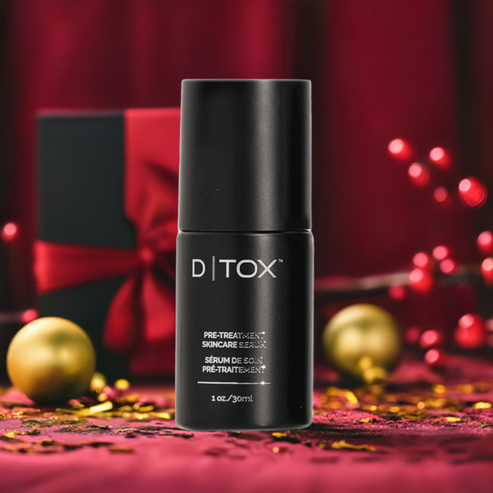 Exoie D|TOX face serum 30ml showcased in festive setting, highlighting its luxurious skincare benefits for healthy, glowing skin.