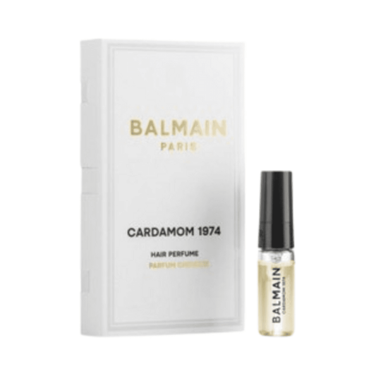 Free Gift Balmain Paris Hair Perfume Cardamom 1974 featuring a travel-size vial and luxury box, perfect for nourishing and scenting hair.