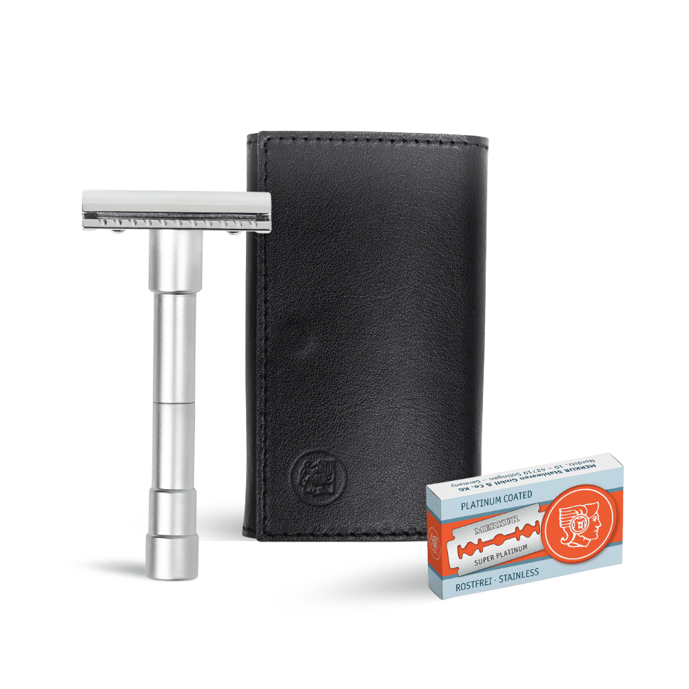 Merkur 3-Piece Travel DE Safety Razor Stright Cut Chrome with Blades In Black Leather Case
