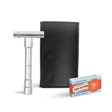 Merkur 3-Piece Travel DE Safety Razor Stright Cut Chrome with Blades In Black Leather Case