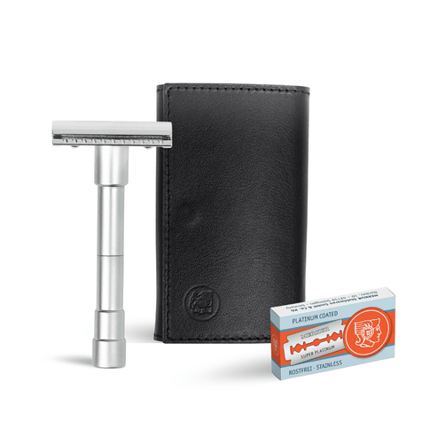 Merkur 3-Piece Travel DE Safety Razor Stright Cut Chrome with Blades In Black Leather Case