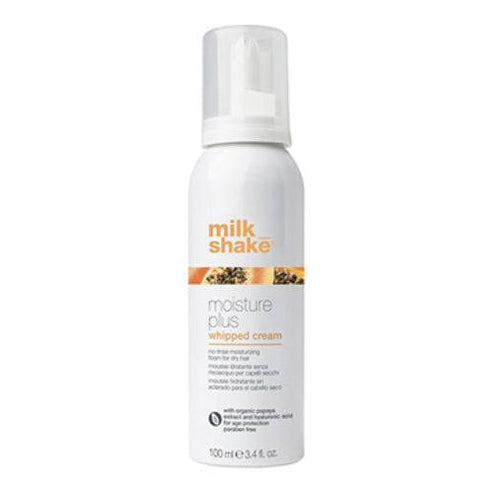 Milk Shake Moisture Plus Whipped Cream leave-in hair treatment for dry hair. Adds softness and frizz control with no rinsing required.