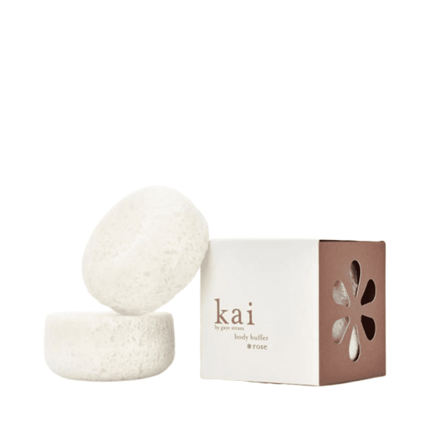 Kai Rose Body Buffer exfoliating sponge with hydrating rose and juniper, shown with its elegant packaging for skin care and bath routines.